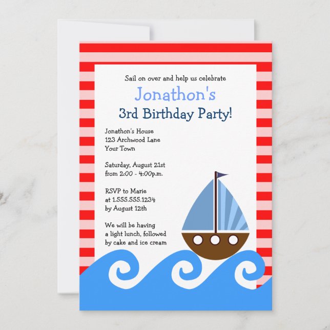 Invitación de cumpleaños azul y rojo en barca mari (Anverso)