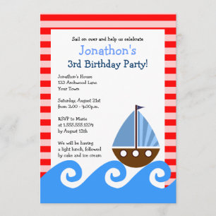 Invitación de cumpleaños azul y rojo en barca mari