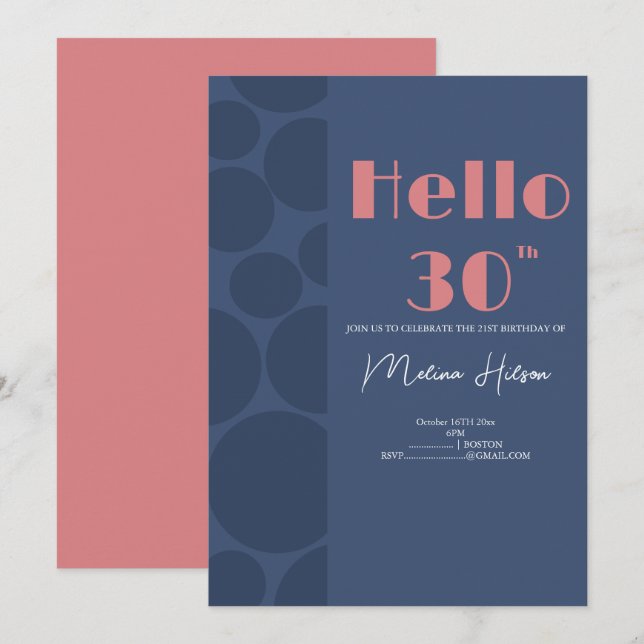 Invitación de cumpleaños azul y rosa moderno (Anverso / Reverso)