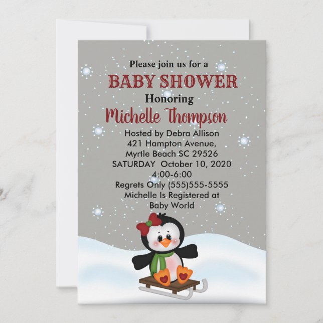 Invitación de cumpleaños/Baby Shower al pingüino e (Anverso)