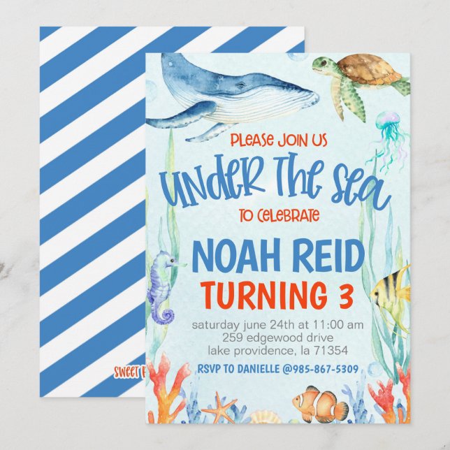 Invitación de cumpleaños bajo el mar (Anverso / Reverso)