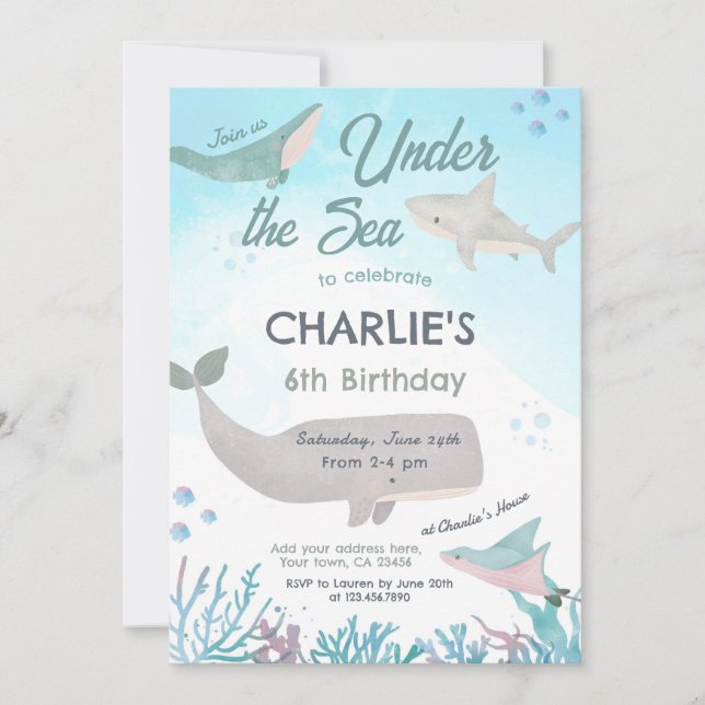 Invitación de cumpleaños bajo el mar (Anverso)