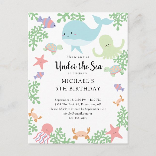 Invitación de cumpleaños bajo el mar con ballena y (Anverso)