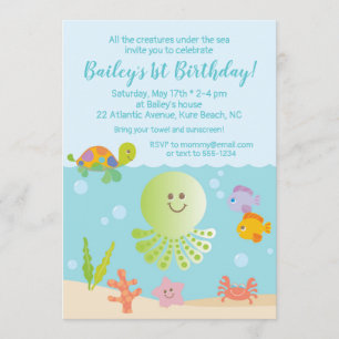 Invitación de cumpleaños bajo el mar en azul y ver