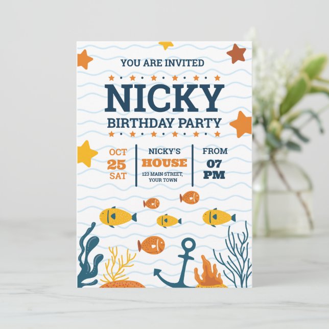Invitación de cumpleaños bajo el mar, fiesta de an (Anverso de pie)
