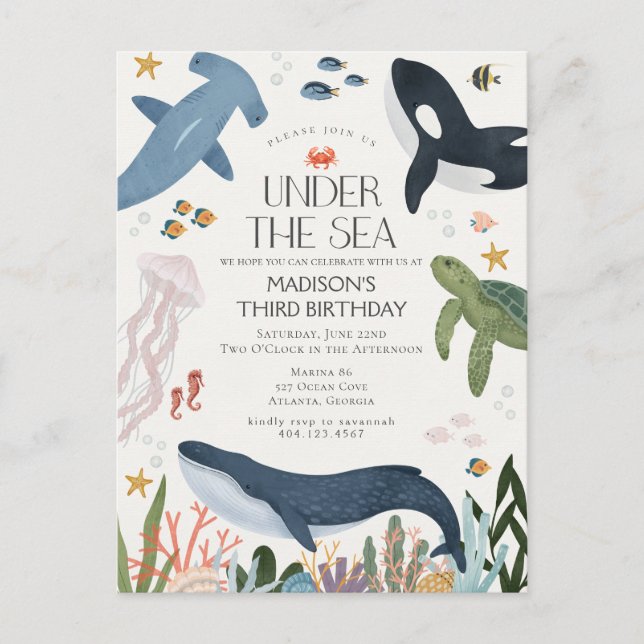 Invitación de cumpleaños bajo el mar género neutra (Anverso)