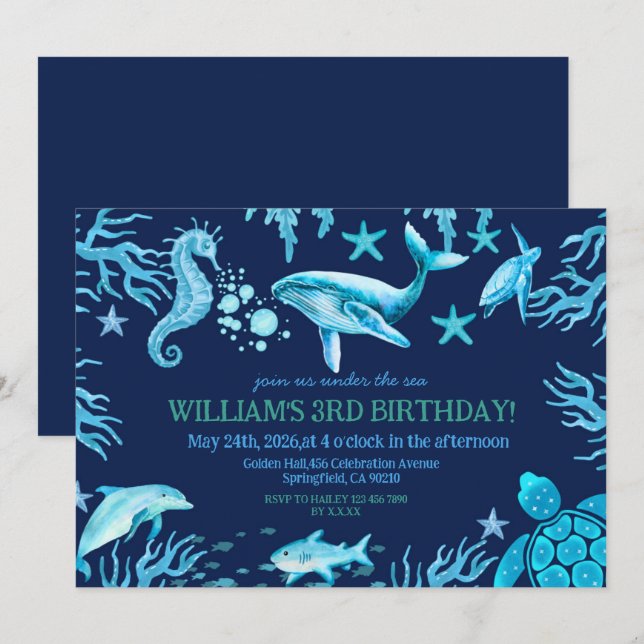 invitación de cumpleaños bajo el mar, niño del océ (Anverso / Reverso)