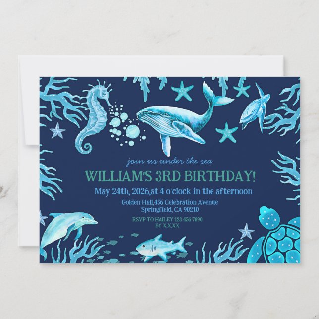invitación de cumpleaños bajo el mar, niño del océ (Anverso)