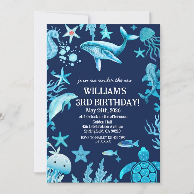 invitación de cumpleaños bajo el mar, niño del océ (Anverso)