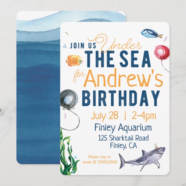 Invitación de cumpleaños bajo la acuarela del mar (Anverso / Reverso)