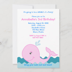 Invitación de cumpleaños Ballena Rosa 5x7