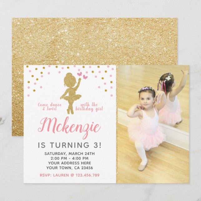 Invitación de cumpleaños Ballerina con foto (Anverso / Reverso)