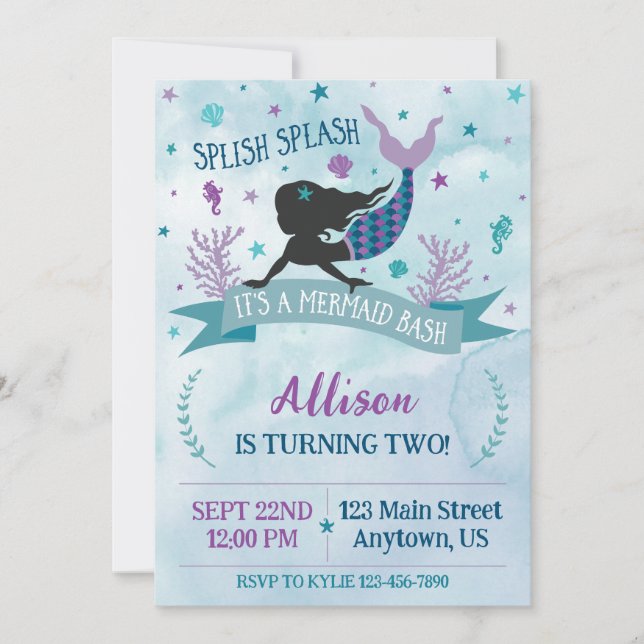 Invitación de cumpleaños Bash Sirena Azul y Morado (Anverso)