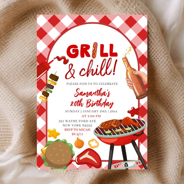 invitación de cumpleaños BBQ de gingham rosa rojo (Subido por el creador)