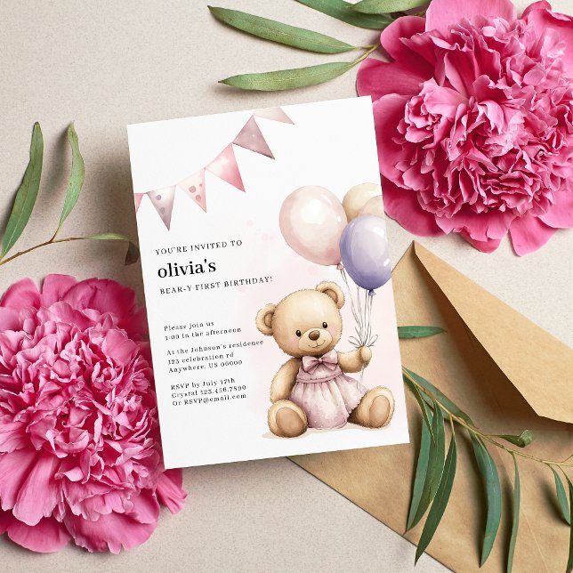Invitación de cumpleaños Bear-Y Cute Pink Bear-Y (Subido por el creador)