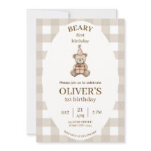 Invitación de cumpleaños Beary First Gingham edita