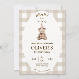 Invitación de cumpleaños Beary First Gingham edita