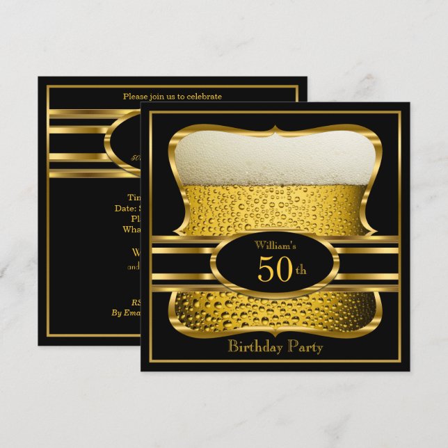 Invitación de cumpleaños Beer Black Gold Birthday  (Anverso / Reverso)