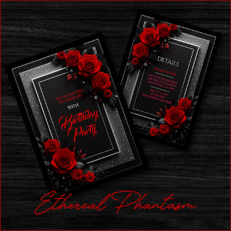 Invitación de cumpleaños Black Glam con rosas roja