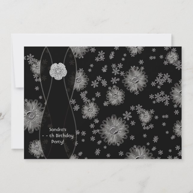 Invitación de cumpleaños Black Silver Daisy (Anverso)