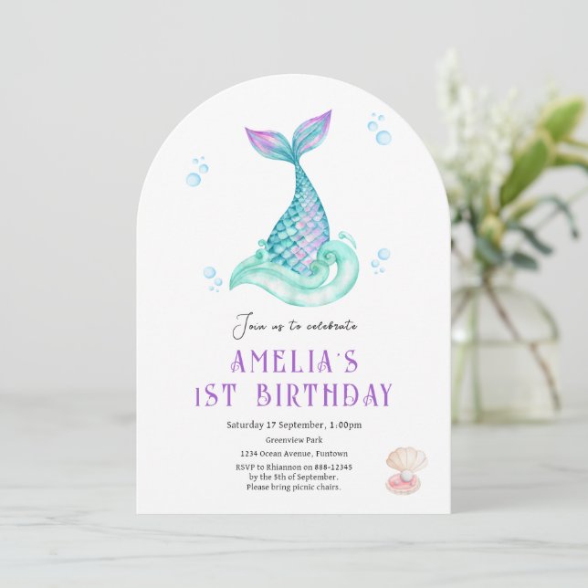 Invitación de cumpleaños blanca Mermaid Under the  (Anverso de pie)