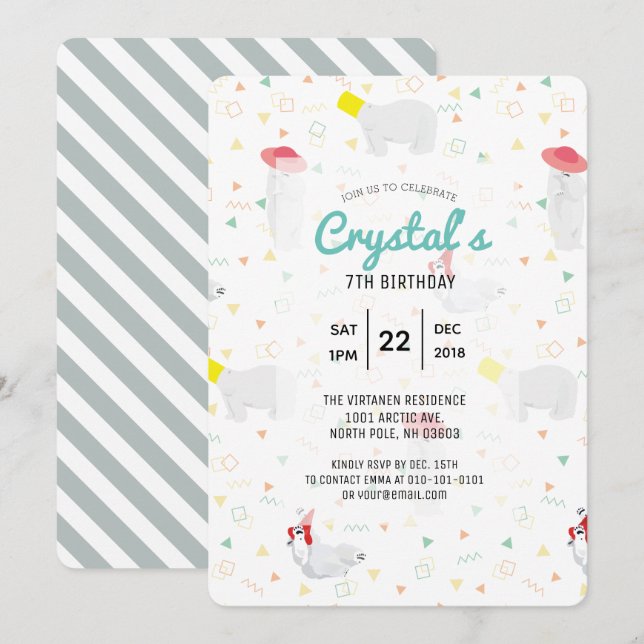 Invitación de cumpleaños blanco colorido del oso p (Anverso / Reverso)