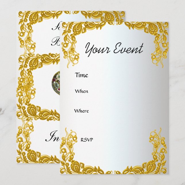 Invitación de cumpleaños blanco dorado (Anverso / Reverso)