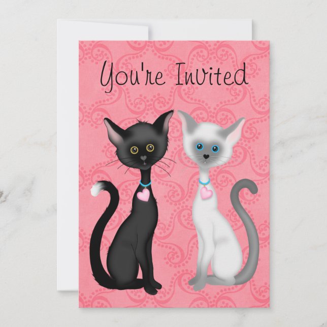 Invitación de cumpleaños blanco, negro, gatos de c (Anverso)