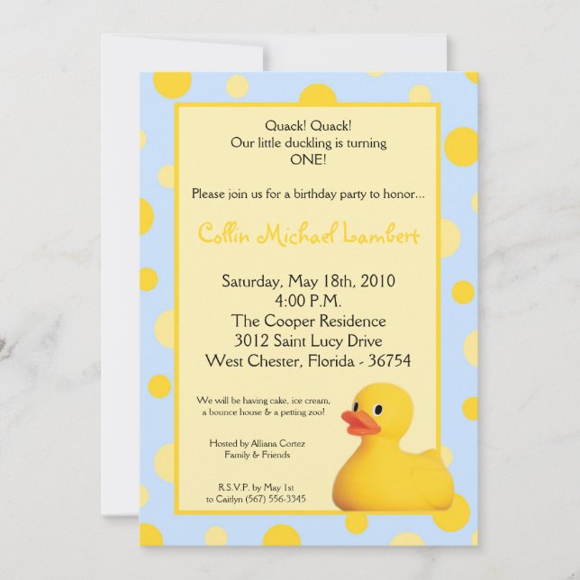 Invitación de cumpleaños Blu Rubber Ducky de 5x7 a (Anverso)