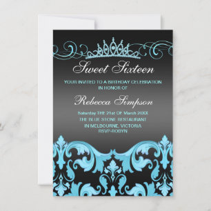 Invitación de cumpleaños Blue/Black Sweet16 Damask