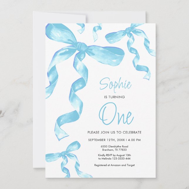 Invitación de cumpleaños Blue Bow (Anverso)
