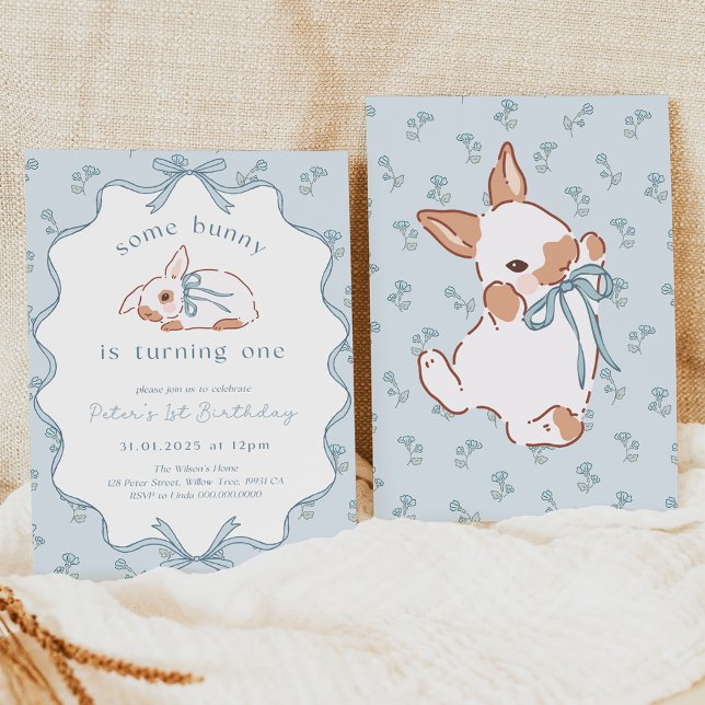 Invitación de cumpleaños Blue Coquette. Algún cone (Boy Bunny 1st Birthday Invitation)