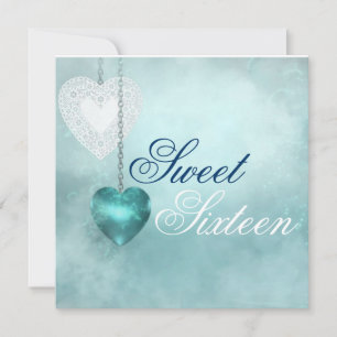 Invitación de cumpleaños Blue Heart Sweet Sixteen