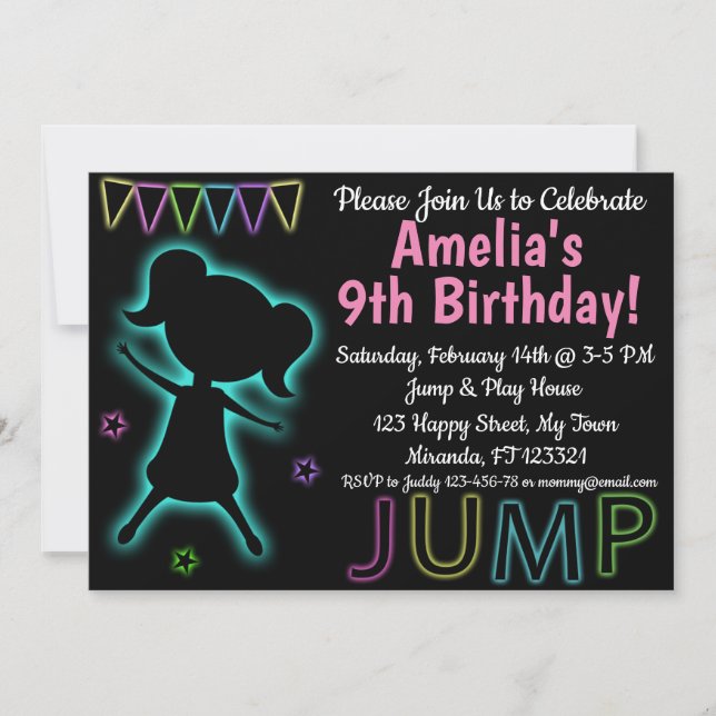 invitación de cumpleaños Blue Neon Jump (Anverso)