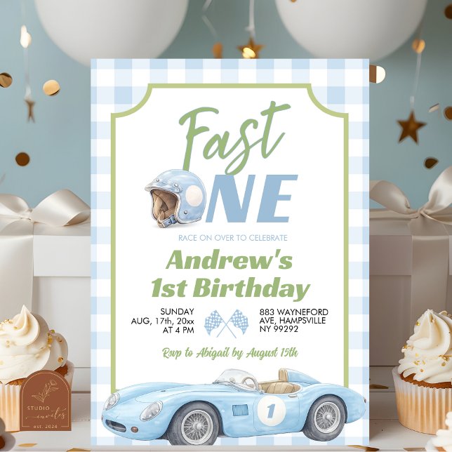 Invitación de cumpleaños Blue Preppy Retro Fast ON (Subido por el creador)