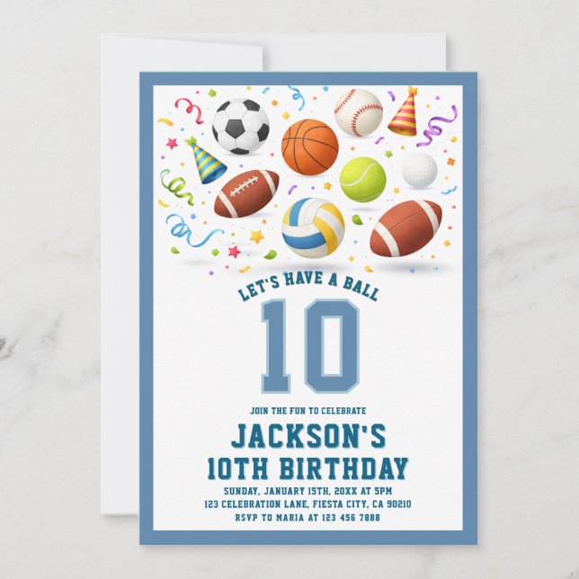 Invitación de cumpleaños Blue Sports Let's Have a  (Anverso)