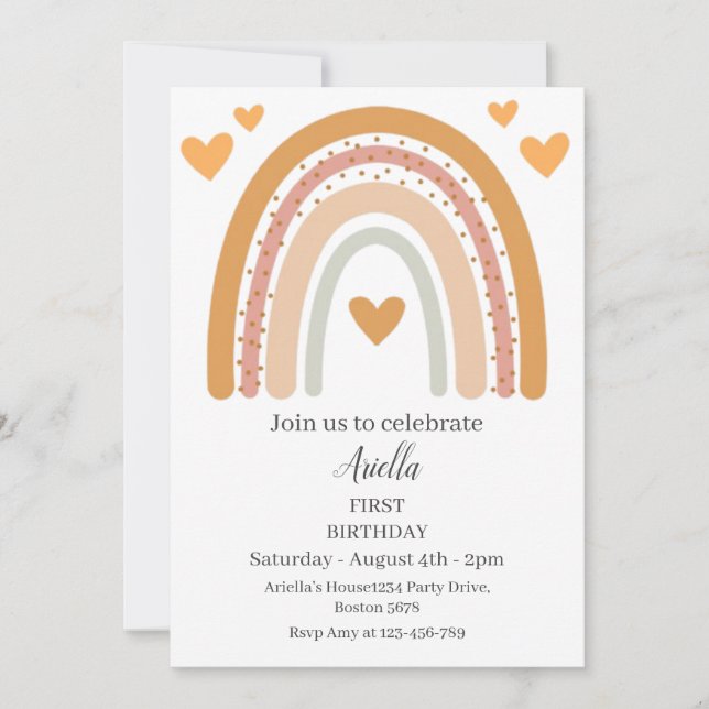 Invitación de cumpleaños boho arcoíris primero (Anverso)