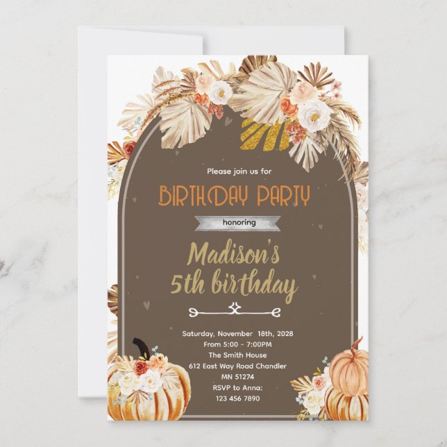 Invitación de cumpleaños boho calabaza (Anverso)