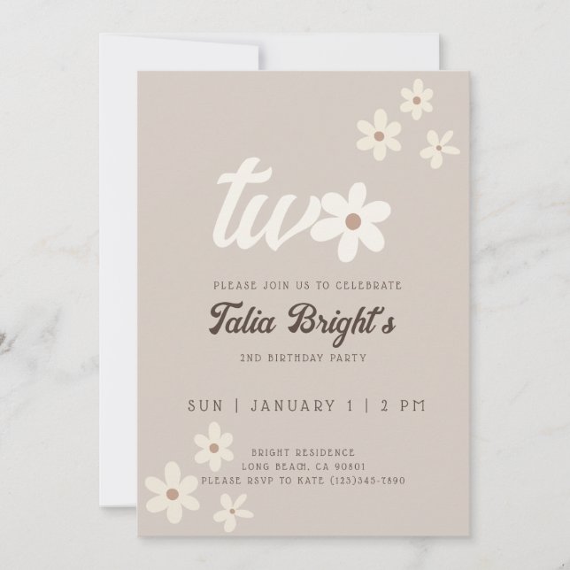 Invitación de cumpleaños boho margarita natural (Anverso)