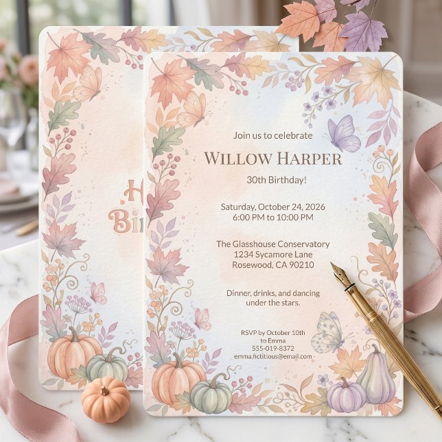 Invitación de cumpleaños boho otoño (Custom watercolor detailed pumpkin and leaf invitations for your special day.)
