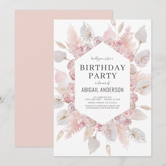 Invitación de cumpleaños boho rubor rosa para cual (Anverso / Reverso)