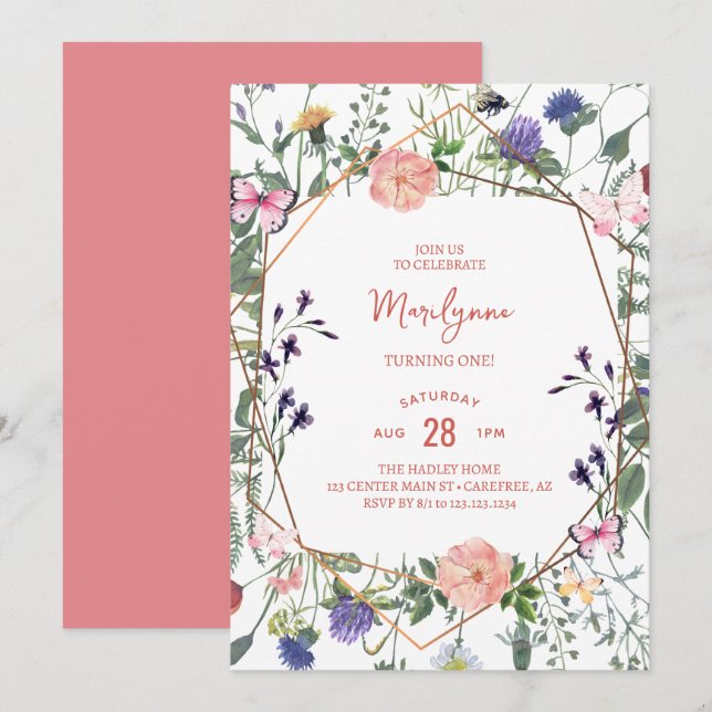 Invitación de cumpleaños Boho Wildflower 1er (Anverso / Reverso)