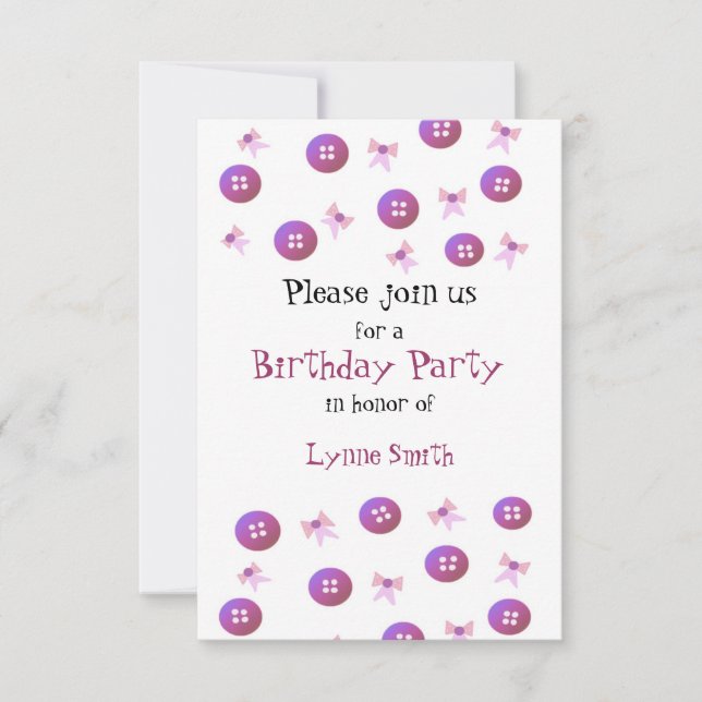 Invitación de cumpleaños Botones y Lazos (Anverso)