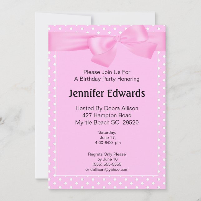 Invitación de cumpleaños Bow y Dots (Anverso)
