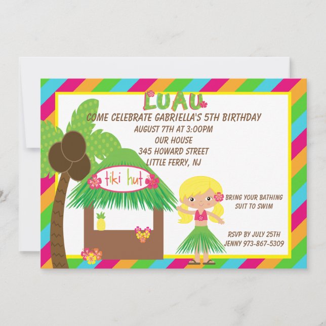 Invitación de cumpleaños brillante a Hula Chica Ti (Anverso)