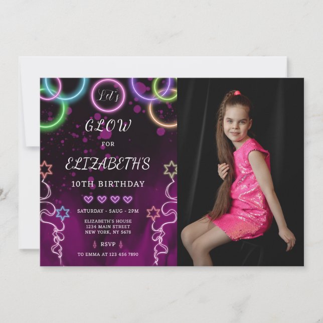 Invitación de cumpleaños brillante con foto (Anverso)