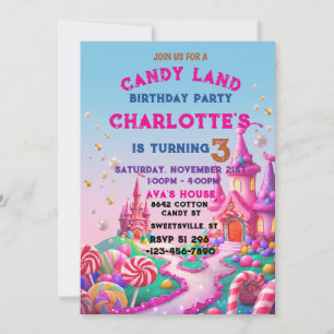 Invitación de cumpleaños brillante de Candyland