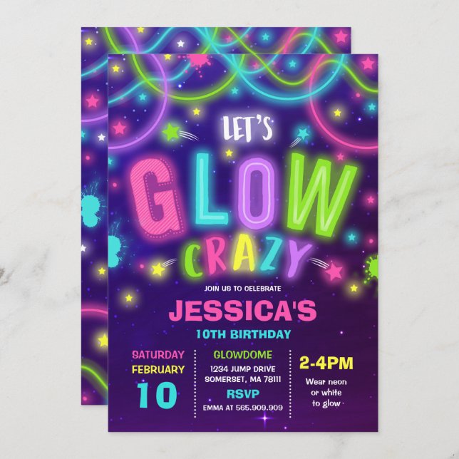 Invitación de cumpleaños brillante Neon Glow Dance (Anverso / Reverso)