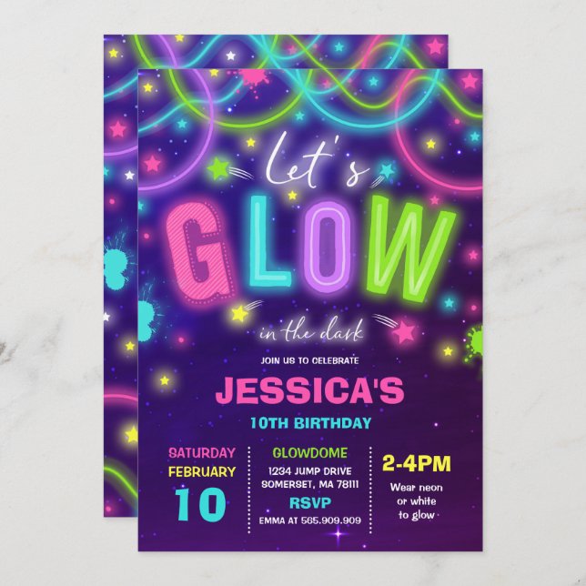Invitación de cumpleaños brillante Neon Glow Dance (Anverso / Reverso)