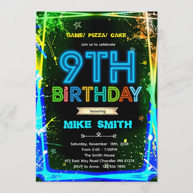 invitación de cumpleaños Bruh neon 9 (Anverso)